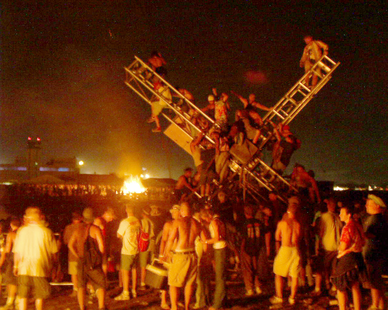 Celebrationon the downed speaker and light tower.